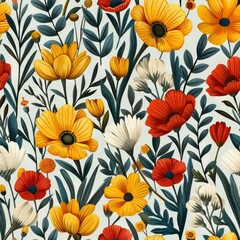 Cute Feminine Seamless Pattern Featuring Colorful Wildflowers