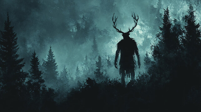 Mysterious Wendigo Silhouette in Haunting Forest Scene with Copy Space