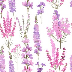 Feminine Seamless Pattern Featuring Wildflowers in Soft Pink and Purple Tones