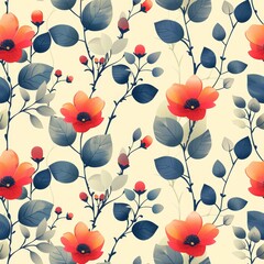 Feminine Seamless Pattern of Wildflowers in Bright Red and Green Tones