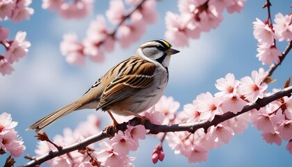 Close-up view of bird rest on tree branches with booming cherry blossom in Spring.