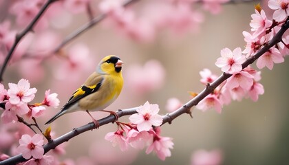 Close-up view of bird rest on tree branches with booming cherry blossom in Spring.