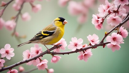 Close-up view of bird rest on tree branches with booming cherry blossom in Spring.