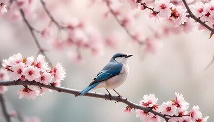Obraz premium Close-up view of bird rest on tree branches with booming cherry blossom in Spring.