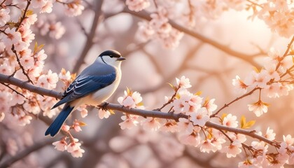 Obraz premium Close-up view of bird rest on tree branches with booming cherry blossom in Spring.