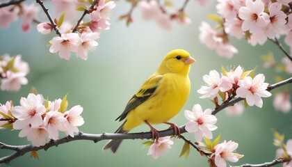 Close-up view of bird rest on tree branches with booming cherry blossom in Spring.