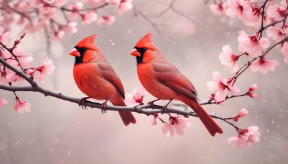 Close-up view of bird rest on tree branches with booming cherry blossom in Spring.