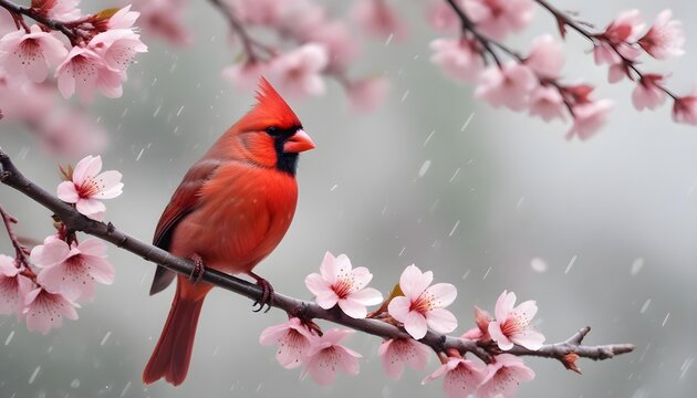 Close-up view of bird rest on tree branches with booming cherry blossom in Spring.