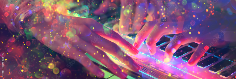 Poster close-up of hands typing on a laptop keyboard against a background of an illustration or a glowing v