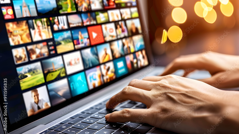 Poster close-up of hands typing on a laptop keyboard against a background of an illustration or a glowing v