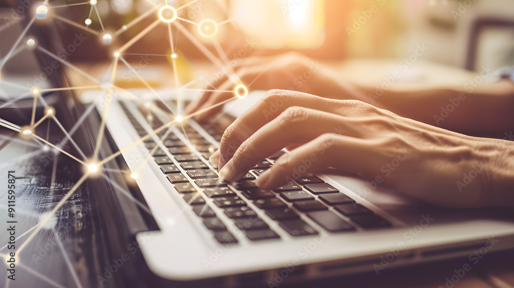 Poster close-up of hands typing on a laptop keyboard against a background of an illustration or a glowing v