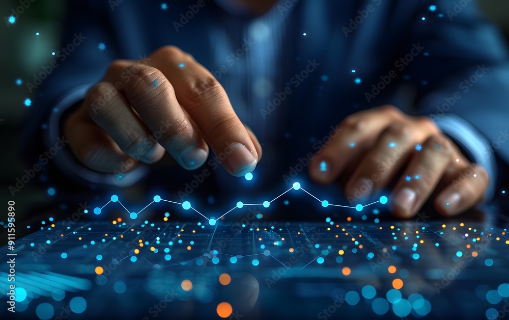 Poster a man is pointing at a graph on a computer screen. the graph is a series of dots that are connected 