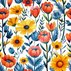 Feminine Seamless Pattern Featuring Colorful Wildflowers on a White Background