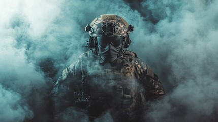 Portrait of a special forces soldier in the smoke