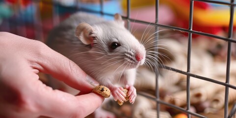 Feeding a domestic pet rat a treat in its cage