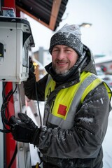 Worker in yellow vest by electricity meter on snowy day in residential area.