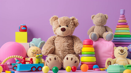 A cuddly teddy bear sitting among a variety of colorful toys
