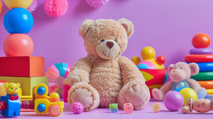 A cuddly teddy bear sitting among a variety of colorful toys