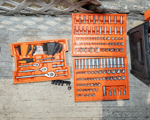 Direct flash zenithal image of a mechanic's automotive toolbox