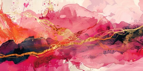 Abstract art with pink, gold, and black.