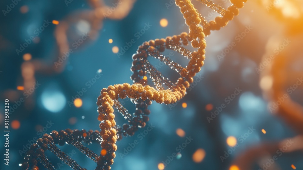 Poster a close-up view of a golden dna double helix with a blurred background