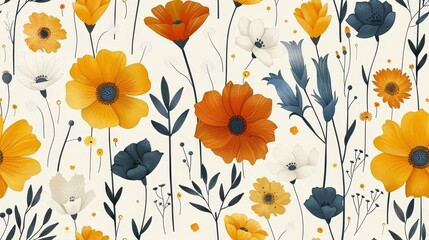 Naklejka premium Cute Feminine Seamless Pattern With Wildflowers in Vibrant Colors