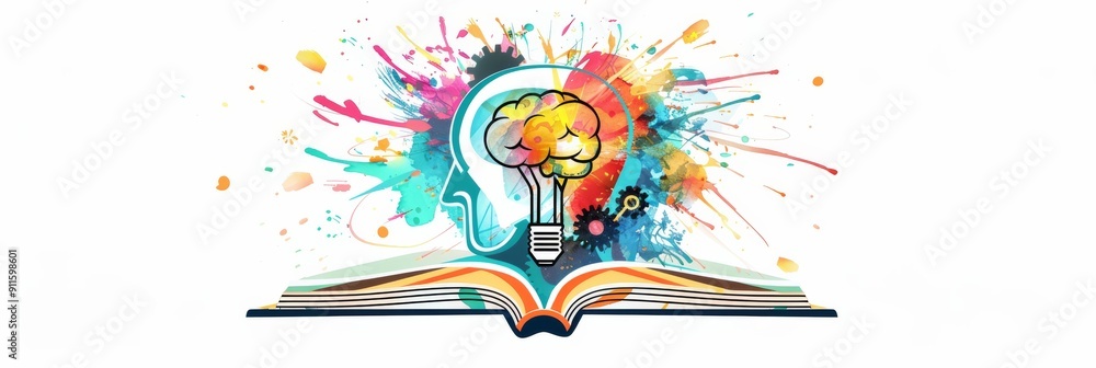 Aufkleber Exploring creative conceptual knowledge with an open book and a burst of colorful ideas fosters inspiration and innovation in learning and education, creating a vibrant environment for growth