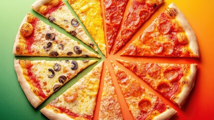 Pizza slices arranged in a circular gradient pattern