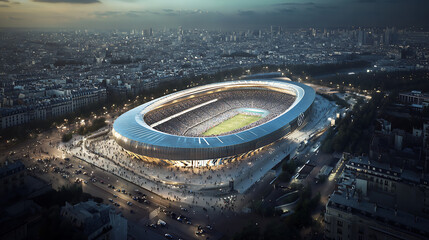 Aerial view of the newly constructed Olympic stadium in Paris, featuring modern architecture and filled with spectators, ready for the 2024 games 