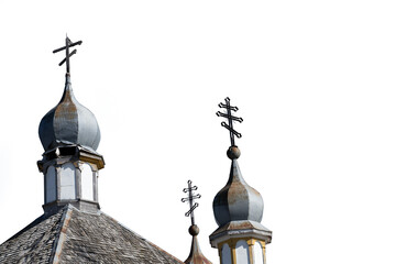 Looking up at a dilapidated Orthodox Christian church with the sky transparent. The detailed photo...