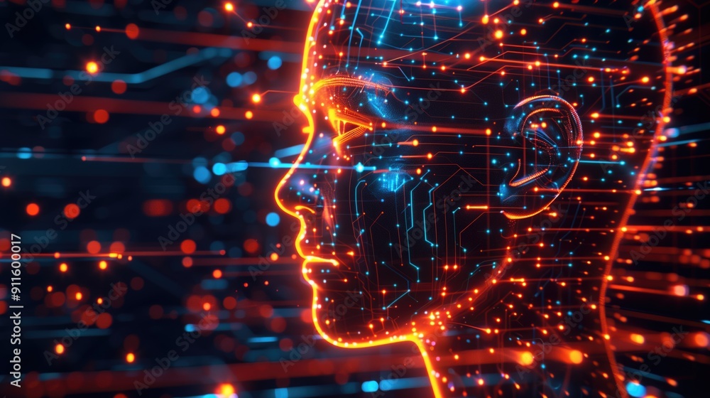 Aufkleber digital human head with glowing neural pathways against a dark background. concepts of artificial in