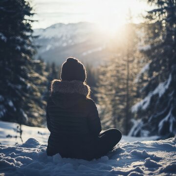 une personne assise en tailleur seule dans la nature pendant l'hiver froid pour illustrer le concept de solitude --v 6.1 Job ID: dcd83898-6e6c-46a0-8c1a-90f95582dd07
