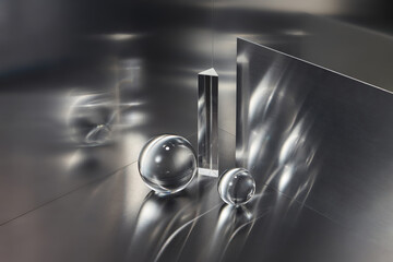 Transparent glass balls projecting light on metallic walls