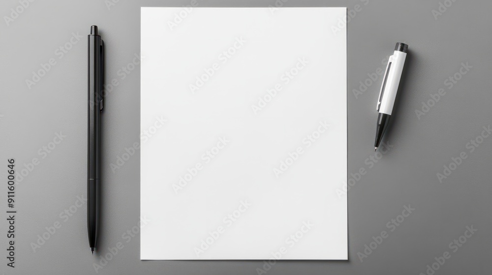 Aufkleber white paper and pen on gray background with space for text top down view of work area