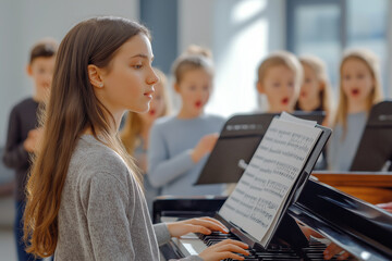 A young female teacher leading a music lesson while playing the piano. Children are singing, standing next to her.
