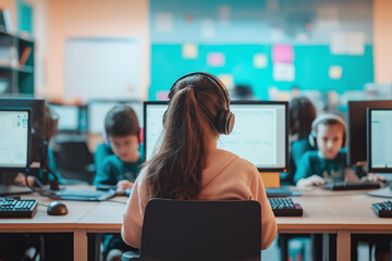 A lesson in a computer lab, with children working on computers wearing headphones.
