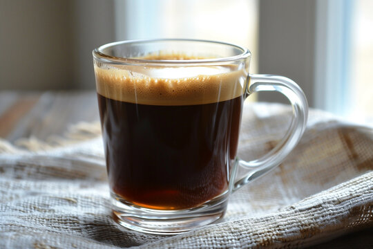  doppio coffee in clear glass mug, selective focus