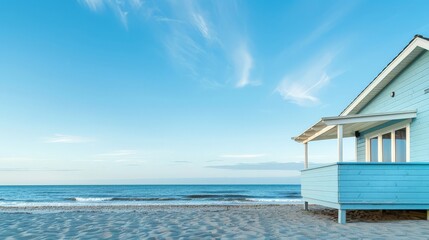 Fototapeta premium A peaceful beach house stands by the shore, reflecting the evening's mellow light