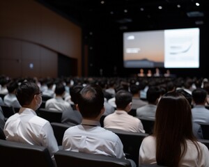 Audience attendees at a business conference watching a presentation in a large auditorium, showcasing corporate event setting.