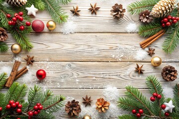 Create a magical Christmas atmosphere with a rustic background in light colors and natural materials
