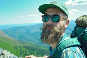 bearded traveler with turquoise backpack and cap, in mountainous area