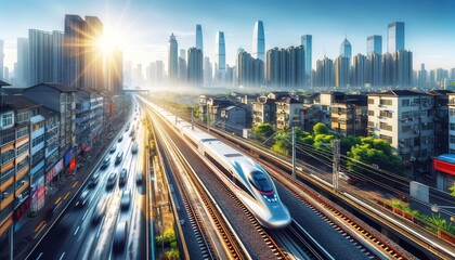 Fototapeta premium A modern high-speed train moves through a city with tall buildings