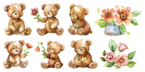 Fototapeta premium Watercolor bear doll fluffy soft stuffed toys set collection design resources elements