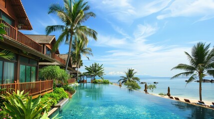 Fototapeta premium A tranquil pool invites relaxation with stunning ocean views and palm trees swaying