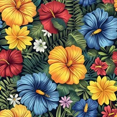 Fototapeta premium Vibrant Tropical Floral Pattern Featuring Hibiscus and Daisies in Summer Hues