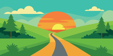 Obraz premium Sunset on a green road through hills. Vector illustration