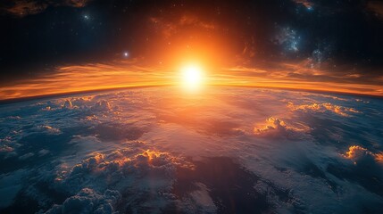 Obraz premium Panoramic view of the Earth sun star and galaxy 