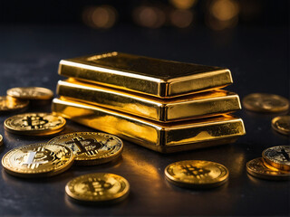 Gold bars on a background of bitcoin gold coins