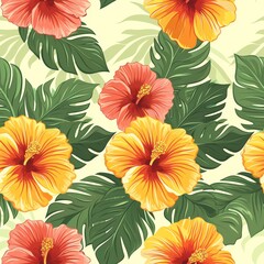 Tropical Floral Pattern With Hibiscus Flowers and Lush Green Leaves