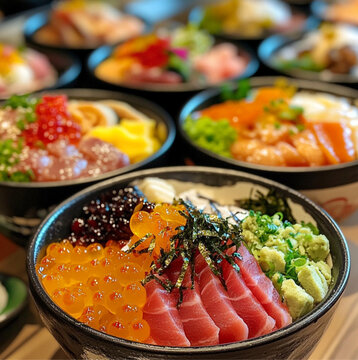 multiple bowls of vibrant, healthy Japanese food with colorful and playful ingredients, Japanese cheff and restaurant in the background